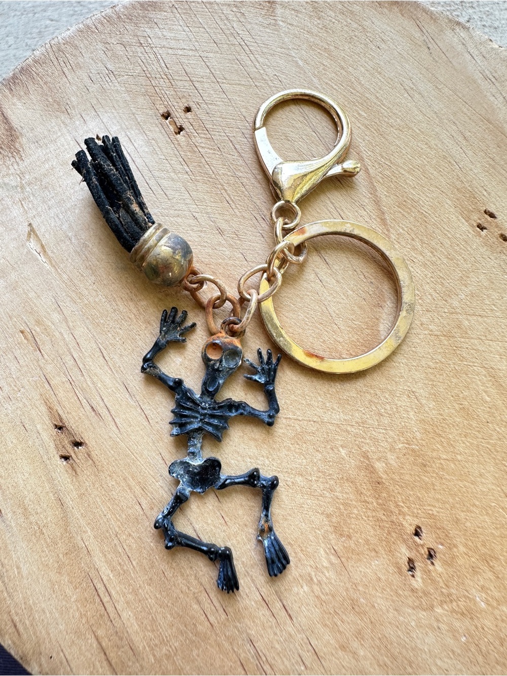 Black Skeleton Tassel Keychain with Gold Hardware